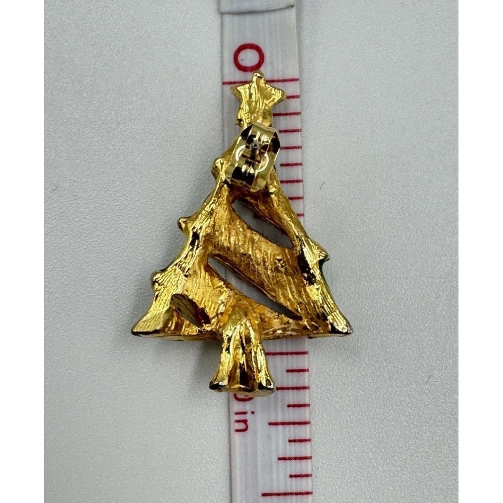 Vintage Gold Tone Green Christmas Tree Post Earrings Red Clear Rhinestones - Picture 5 of 7